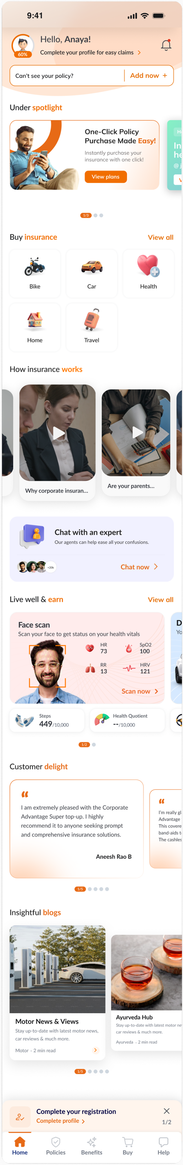 New user home — profile prompt, spotlight, buy insurance grid, how insurance works, chat expert, wellness face scan, testimonials, blogs, bottom nav