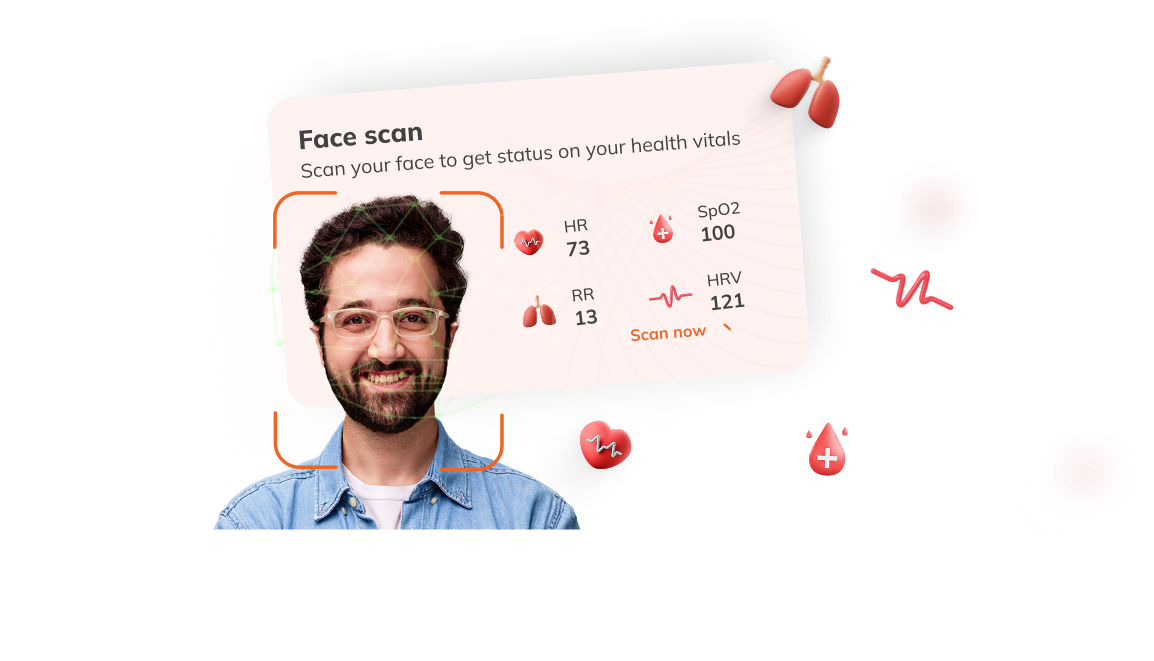 Health monitoring — face scan showing HR, SpO2, RR and HRV readings