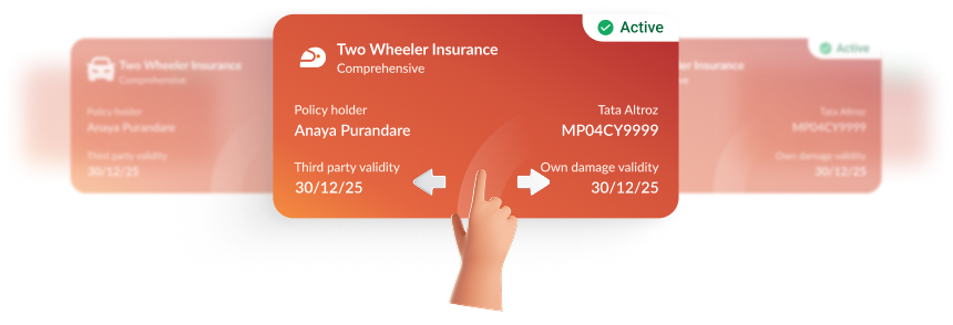 Policy at a glance — Two Wheeler Insurance card with Active badge, policyholder and vehicle details