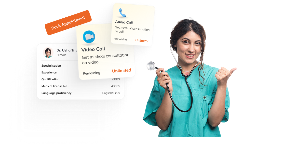 Wellness — teleconsultation with video and audio call cards, doctor profile